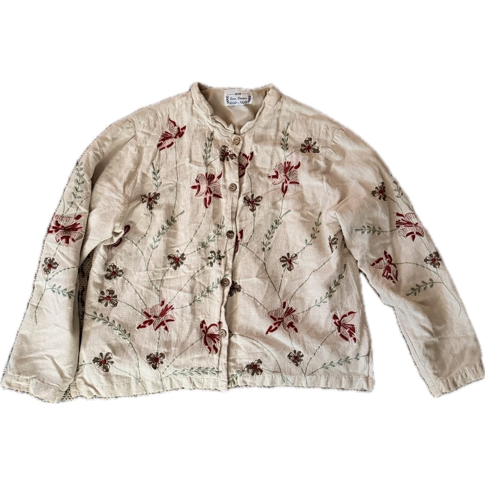 Sara Studio Floral Embroidered Linen Blend Button Down Jacket Beige Womens L